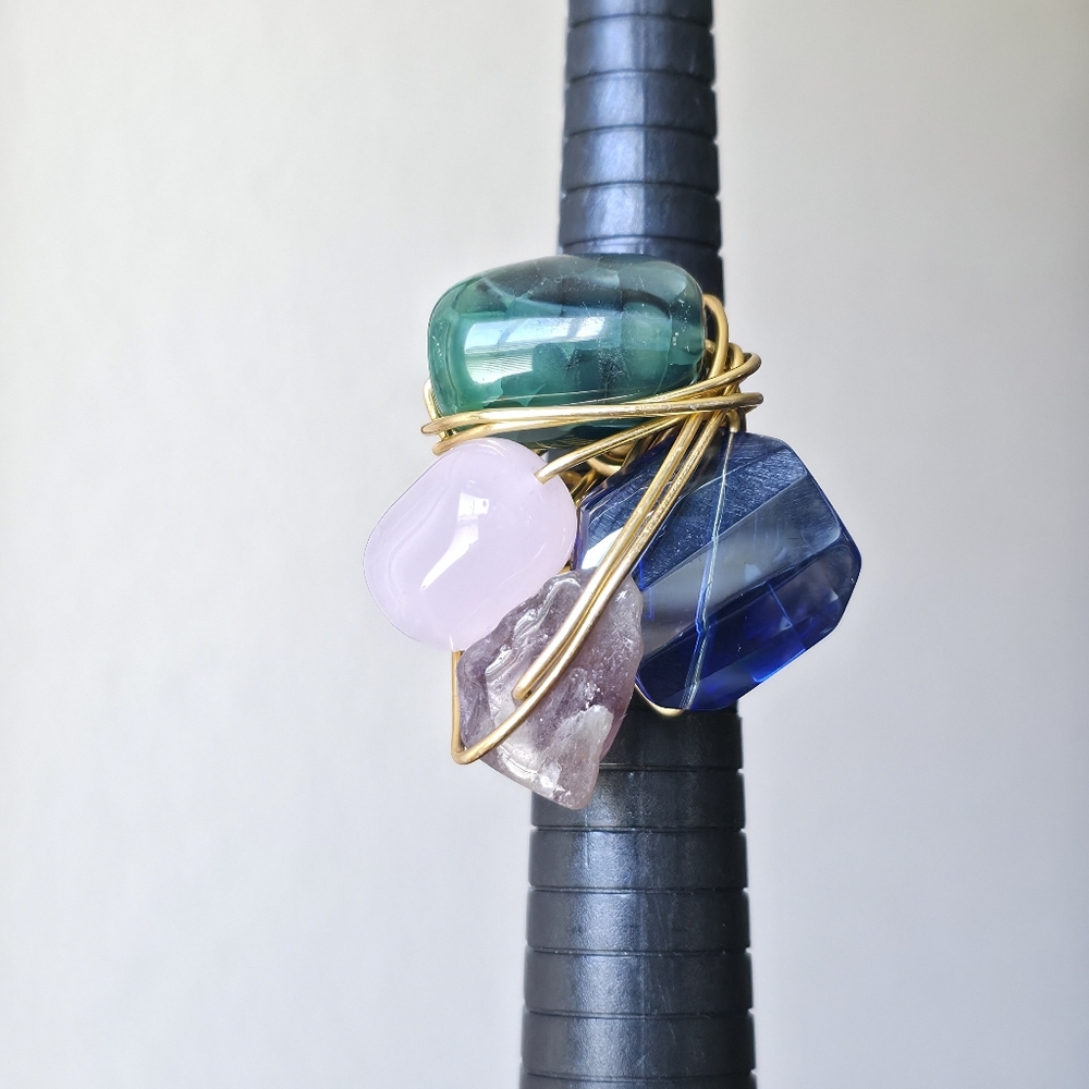 Gold Wire Multi-Stone Statement Ring Amethyst Rose Quart Blue Glass  Gemstones